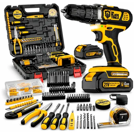 Parafusadeira Furadeira De Impacto The Black Tools Profissional a Bateria Com Maleta + Kit Acessórios 136 Peças Tbkit22