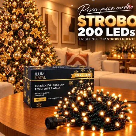 Cordão Strobo Pisca Pisca Natal Blindado 20m 200 Leds P/ Árvore Natal Decoração Shopping Prova D'água Ip44 Fio 1.8mm Lph 20 Metros Contínuos Conexão Macho Fêmea Branco Quente Strobo Quente 110v