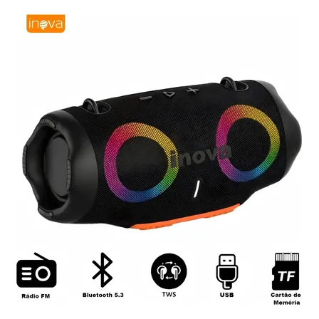 Caixa de Som Portátil Inova MD-12706 Bluetooth 5.3 Estéreo Hifi Grave Potente Com TWS e RGB Usb Fm TF(Cartão não incluído) com Alça de ombro ajustável Potente