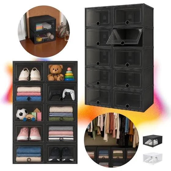 KIT 10 CAIXAS ORGANIZADORAS TRANSPARENTE PRETO EMPILHÁVEL MULTIUSO SAPATEIRA PORTA TRANSPARENTE PARA SAPATOS ROUPAS BRINQUEDOS CLOSET starmania