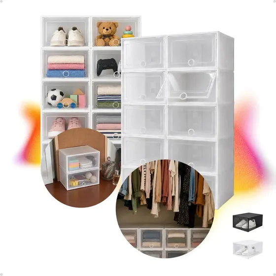 KIT 10 CAIXAS ORGANIZADORAS TRANSPARENTE BRANCO EMPILHÁVEL MULTIUSO SAPATEIRA PORTA TRANSPARENTE PARA SAPATOS ROUPAS BRINQUEDOS CLOSET starmania