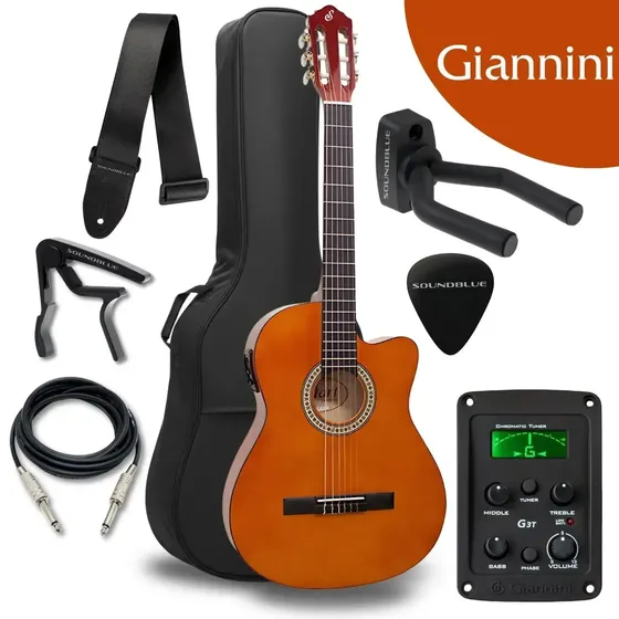 Kit Violao Giannini Eletroacustico Corda Nylon Destro Flat Cutaway Profissional Eletrico Acustico Estudo Iniciante Natural Acessorios Completo Afinador Equalizador Correia Capa Cabo Bag Wavve
