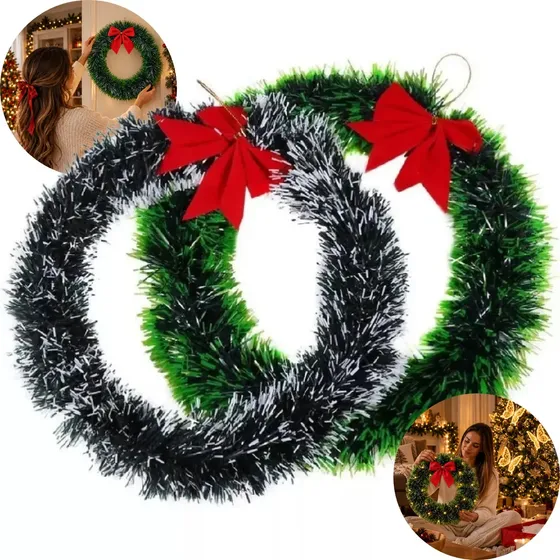 Kit 2 Guirlanda De Natal 30cm Com Laço Decoração Natalina Porta Enfeite Natal Verde Luxo Artezenato