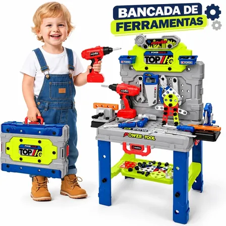 Bancada Ferramentas Infantil 132 Peças Com Furadeira Realista, Caixa Maleta 2 Em 1 E Kit Completo Para Brincar De Oficina