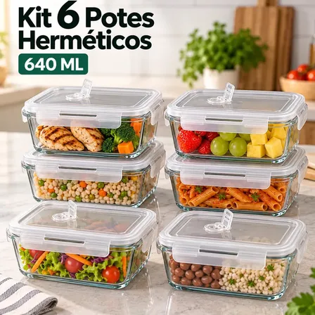Kit 6 Potes de Vidro Herméticos Borossilicato Com Tampa e Válvula De Respiração 640 ML Para Alimentos Marmita Freezer Microondas Forno Cozinha Organização Livre De BPA Com 4 Travas Super Vedação