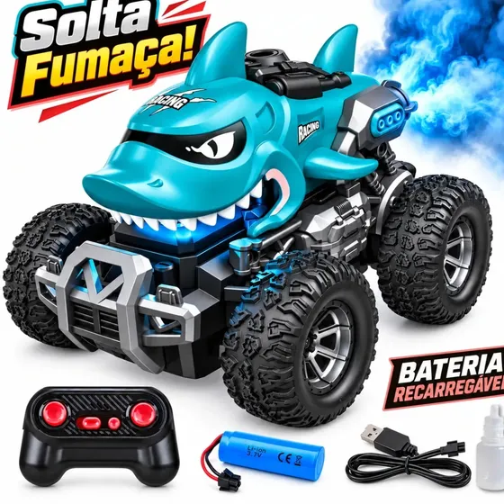 Carrinho Controle Remoto Tubarão Off Road Com Efeito De Fumaça, Luzes LED, Bateria Recarregável E Cabo USB Incluso