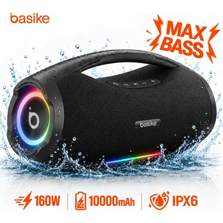 Basike Caixa De Som Boombox Plus 160w 10000mah Bluetooth Sem fio Portátil IPX6 À Prova D&quotágua Hifi Com TWS RGB TF AUX Bass Forte Alto Falante Aparelho de Som Bombox Soundbox Para Casa Festa -Preto