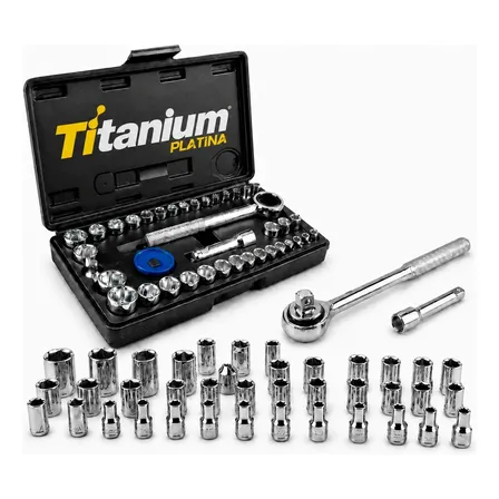 Jogo de Soquetes 40 Peças 1/4 e 3/8 mm e Polegadas com Catraca Titanium Platina