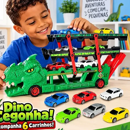 Caminhão Cegonha Lançador Dino Truck Super Pista Dinossauro Carrinhos com 6 Carrinhos Completo Lança e Engole Carros