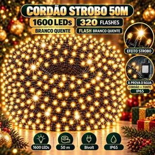 Strobo Pisca Pisca Cordão Natal 1600 Leds 50m Prova D'água Bivolt Branco Quente 320 Flash Branco Quente Decoração Enfeite Natal Luvinco Branco Quente Com Flash Branco Quente 127/220v