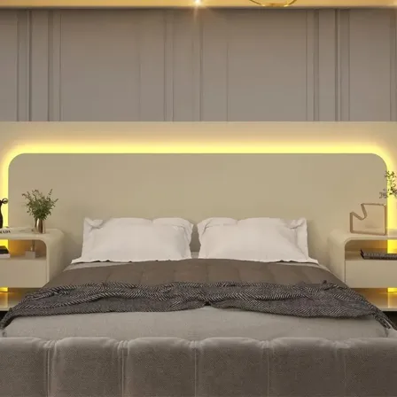 Cabeceira Box Casal Com 2 Mesas De Cabeceira Com Led Wt Off White