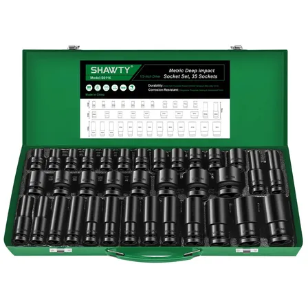 Jogo de Soquetes de Impacto Curtos em Aço Cr-V Kit de Soquetes 35 Peças para Encaixe de 1/2"
