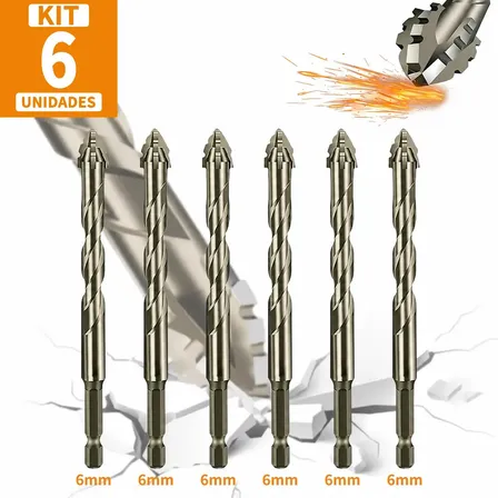 Kit 6 Brocas Excêntrica Serrilhada Ponta Cruzada Tungstenio 6mm/6mm/6mm/6mm/6mm/6mm Adequado Para Azulejos De Cerâmica, Cerâmica, Vidro E Mármore