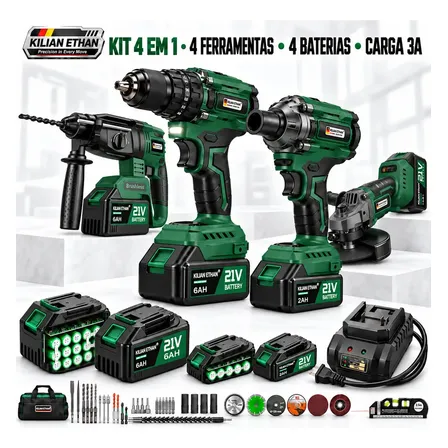 Kit Kilian Ethan 4 em 1: Furadeira, Martelete, Esmerilhadeira e Chave de Impacto Brushless, com 4 Baterias