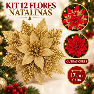 Kit 12 Flores Enfeite Artificial Glitter 17cm Decoração Árvore De Natal Dourado Luvinco