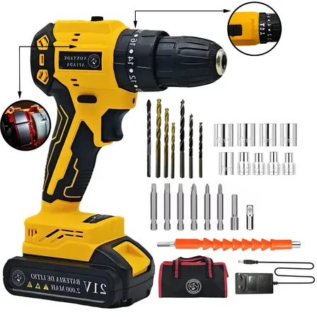 Parafusadeira Furadeira A Bateria 21v 3/8 10mm Motor Brushless Sem Escovas Parafusadeira Furadeira De Impacto Amarelo 60hz