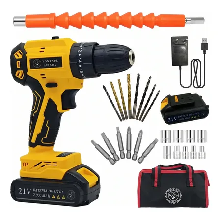 Parafusadeira Furadeira De Impacto 21v 3 Em 1 2 Baterias Amarelo 60HZ Sem escovas Motor brushless
