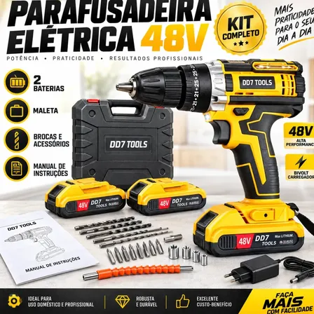 Parafusadeira Furadeira De Impacto Sem Fio 48v 2 Baterias Kit Completo Maleta Acessórios Bivolt Velocidade Ajustável Led Torque Mandril 3/8 Profissional ESPUMA VIVA