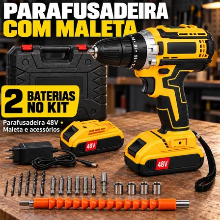 Parafusadeira Furadeira de Impacto 48V Sem Fio com 2 Baterias Maleta e Kit Completo de Acessórios Luz LED Eixo Flexível Torque Ajustável e Velocidade Variável