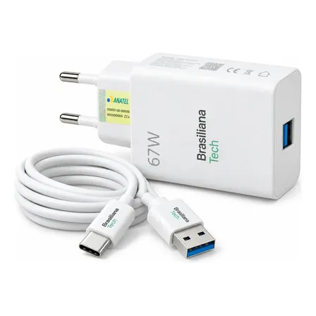 Carregador Turbo 67W Tipo C com Cabo 1m Fonte de Parede Carregamento Rápido Adaptador Tomada Compatível com Xiaomi Redmi Note 7 8 9 10 11 12 Pro Poco X3 Pro M3 Mi 8 9 10 A2 A3 Brasiliana Tech