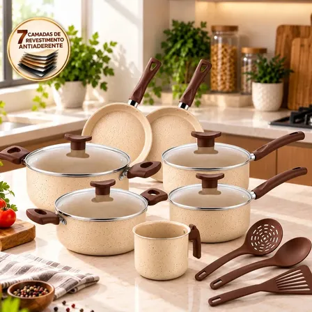 Jogo de Panelas Antiaderente 7 Camadas 10 Peças Kit Cozinha Casa Nova com Tampas de Vidro Caçarolas Frigideiras Retas Fundas Fervedor Leiteira e Utensílios Conjunto Compacto Dia a Dia Baunilha