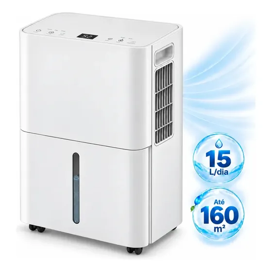 Desumidificador de Ar Com Compressor Alta Capacidade 15L/Dia Até 160m² Controle Inteligente de Umidade Secagem de Roupas Silencioso Timer 24h Drenagem Contínua Filtro Lavável Branco