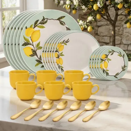 Aparelho Jogo de Jantar P/ 6 Pessoas Lyor 30 Peças Em Cerâmica Branco Citrus Limão Siciliano Colheres Sobremsa Gold S/ Prato de Sobremesa