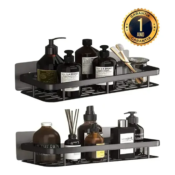 Kit 2 Suporte Porta Shampoo Sabonete Prateleira Banheiro Adesivo Parede Sem Furar Box Luxo Cor Preto