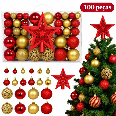 Kit 100 Bolas De Natal Lisas Foscas Glitter Com Estrela Dourada Decoração Completa Grande Enfeite Artificial Arvore De Natal Kizumba Cor Mista