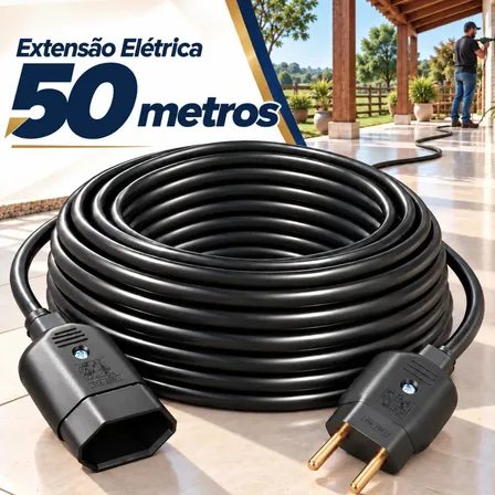 Extensão Elétrica 50 Metros Reforçada Cabo Pp Dupla Camada 10A Profissional Bivolt Flexível e Resistente para Obra, Reforma, Ferramentas Elétricas, Jardim e Garagem Uso Interno e Externo Two Lef