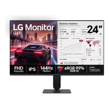 Monitor LG FHD Gamer & Office com telaIPS 24”, 1ms (MBR), 144Hz nativo, FreeSync, HDR10, sRGB, Modo leitura, Flicker Safe, HDMI, Black Stabilizer, Dynamic Action Sync, Preto -24U411B