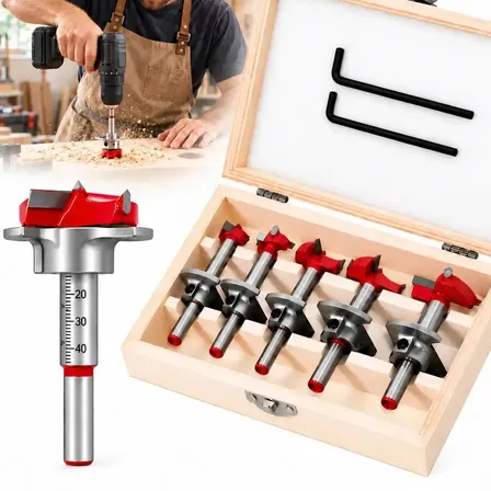 Kit 5 Brocas Forstner Dobradiça com Limitador para Madeira e Mdf Compensado Guarda Roupa Porta 15 A 35mm com Chave Allen Aplicável