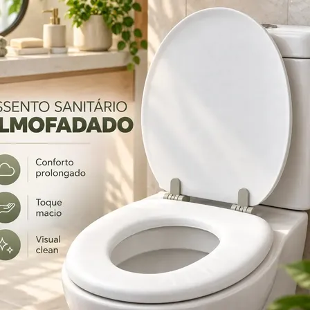 Assento Sanitário Almofadado Com Tampa De Vaso Banheiro Oval Universal Confortável Branco VIVATUTTO