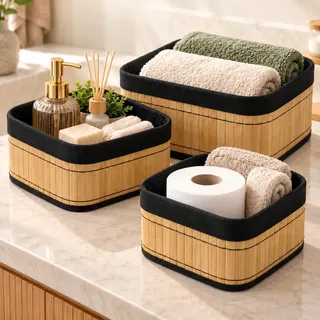 Kit 3 Cestos Organizadores de Bambu e Linho Marrom-Claro, Multiuso para Banheiro Quarto e Cozinha – Pitia