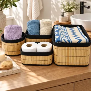Kit 4 Cestos Organizadores de Bambu com Forro Removível Preto para Casa e Escritório