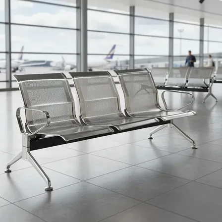 Cadeira Longarina Para Aeroporto 3 Lugares Aço Inoxidável Cromada Cinza