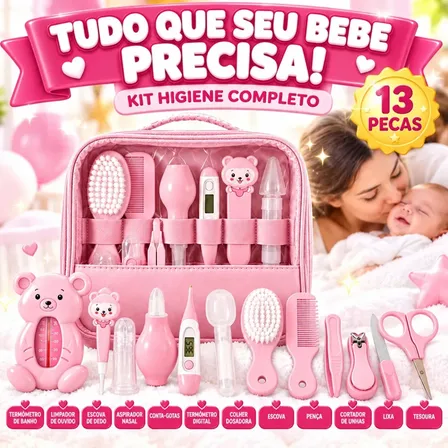 Kit Higiene Cuidados Bebê Rosa Recém Nascido Completo 13 Peças Bolsa Maternidade Termômetro Digital Aspirador Nasal Escova Pente Cortador De Unha Azul Menino Chá De Bebê Presente Louis Riel Acustico