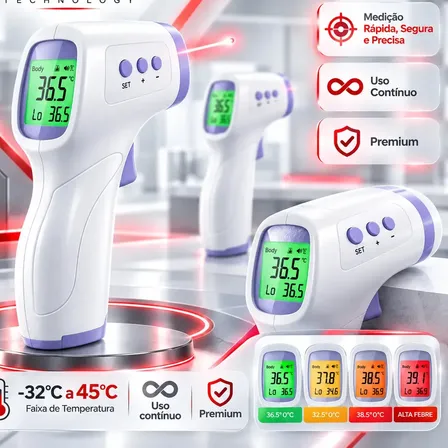 Termômetro Infravermelho Sem Contato Digital Medição Rápida Alta Precisão Display Lcd Memória Alarme Sensor Chrome Technology