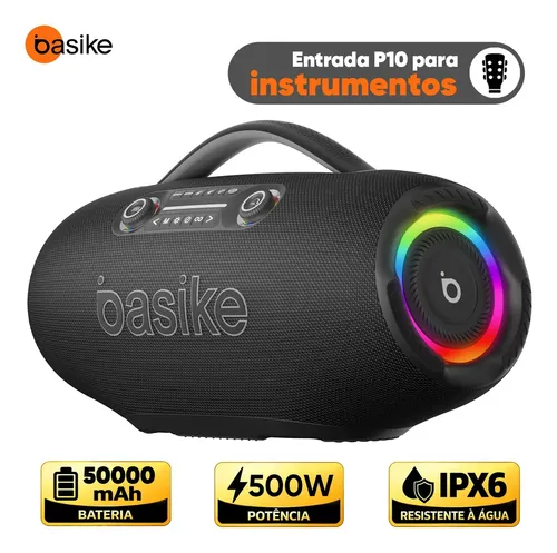 Caixa de Som Bluetooth Basike 500W Boombox Portátil Potente Alto-falante Grave Bateria 50000mAh IPX6 Resistente à Água RGB Microfone Guitarra TWS Estéreo Karaokê Churrasco Praia Festa Camping