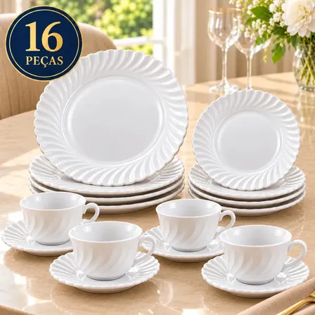 Aparelho Jogo Kit De Jantar 16 Peças Opalino Branco Pratos E Xicaras Pires Mesa Moderno Borda Luxo Resistente Sólar