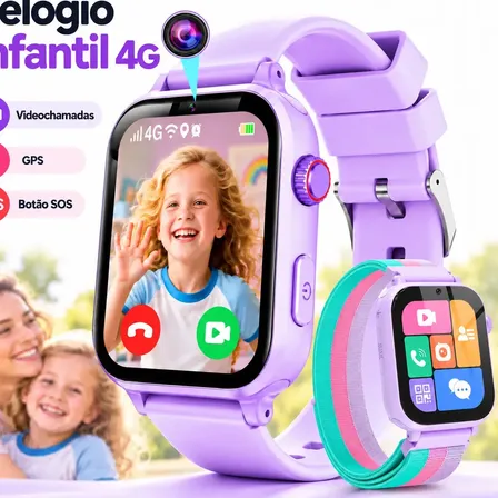 Smartwatch Infantil CUCO BLUE Relógio Inteligente A22 4G GPS Videochamada SOS Compatível com Nano SIM Wi-Fi Câmera Localização cor Lilás