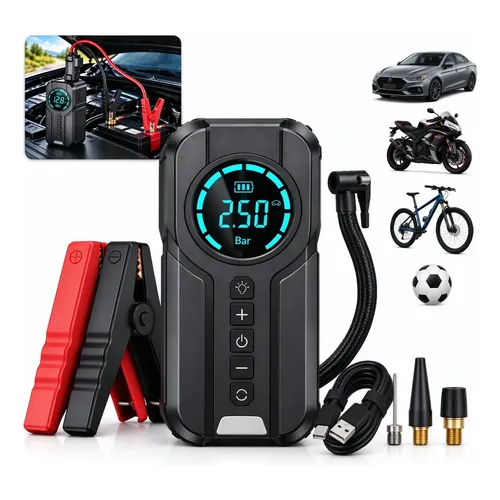 Auxiliar de Partida e Compressor de Ar Portátil 4 em 1 Power Bank Lanterna LED Digital 150PSI para Carro Moto Bicicleta Bomba de Encher Pneu