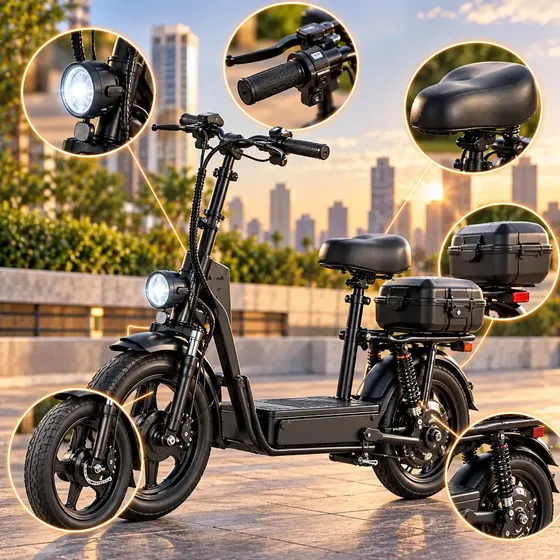 Bicicleta Elétrica 500W 48V Bateria de Lítio Dobrável com Banco Baú Traseiro Farol Freio Hidráulico Aro 14 Velocidade 32km/h Autonomia Até 25km Preta Mobilidade Urbana