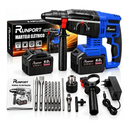 Martelete Perfurador Rompedor Runport 21v A Bateria Brushless Sds Plus 3.5j 1600w Com 2 Baterias 6ah Sem Fio Profissional Com Acessórios Azul-aço 127/220v