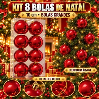 Kit 8 Bolas De Natal Vermelho Liso 10cm Grande Luxo Enfeite Decoração Árvore De Natal Luvinco Kit 8 Bolas 10cm Luvinco