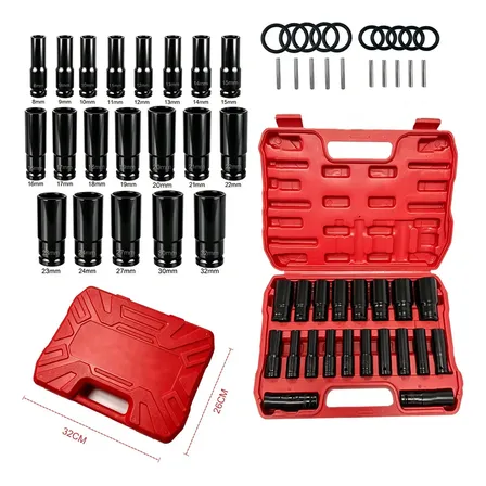 Kit Soquetes de Impacto Longos Atverce 1/2" com 20 Peças de 8 até 32 mm, Aço, para Manutenção Automotiva