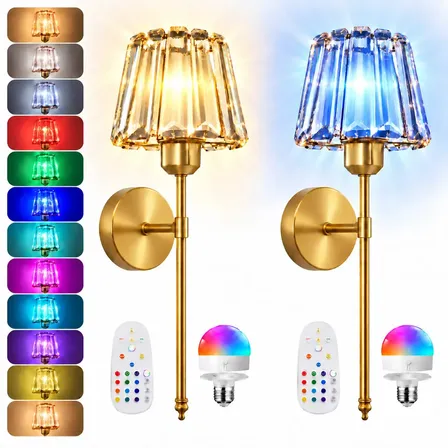 Kit 2 Arandelas de Parede Douradas de Cristal com Lâmpadas LED RGB Recarregáveis, Bivolt, 3 Temperaturas de Luz, 12 Cores e Controle Remoto para Quarto, Sala, Corredor e Cabeceira de Cama, Tieesa