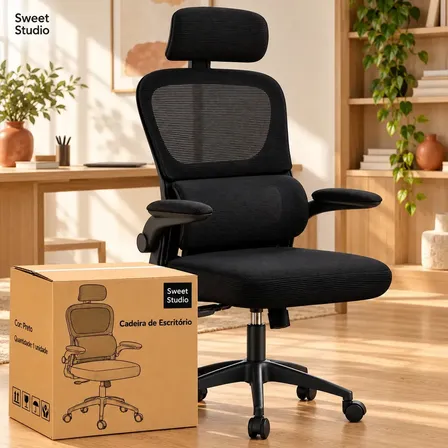 Cadeira Presidente Ergonomica Reclinável Confortável Com Suporte Lombar Estofado Mesh Preto Sweet Studio