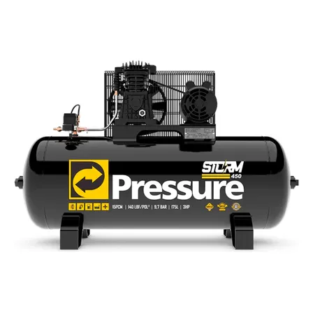 Compressor Pressure Storm 450 175l 15 Pés Motor 3cv Mono Weg Preto 220v 60 Hz Monofásica