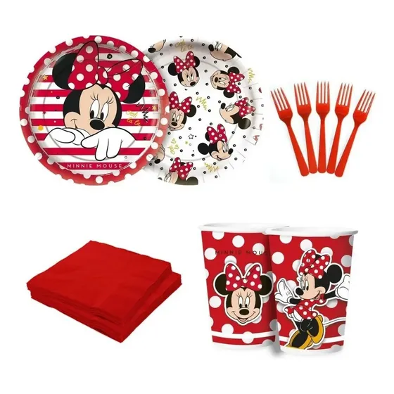 Kit Festa Minnie Mouse Regina Prato Copo Guardanapo + Garfo